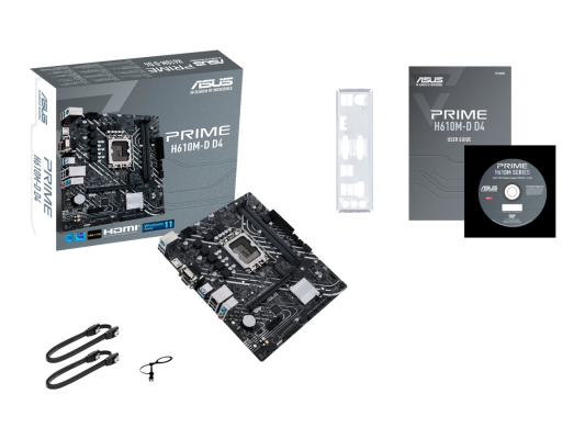 Asus | PRIME H610M-D D4 | Processor family Intel | Processor socket LGA1700 | DDR4 DIMM | Memory slots 2 | Supported hard disk drive interfaces SATA, M.2 | Number of SATA connectors 4 | Chipset Intel H610 | mATX