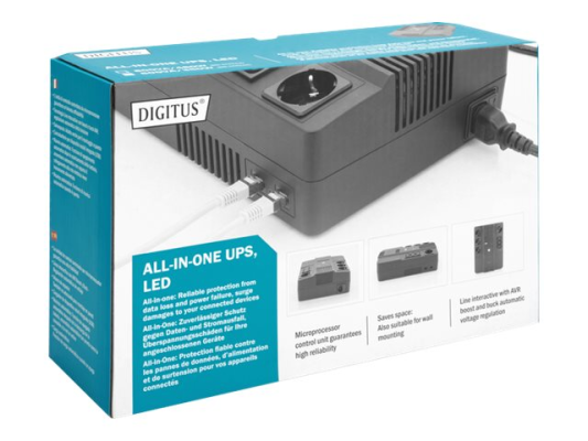 Digitus | All-in-One UPS | All-in-One UPS, 600VA / 360W, LED 12V / 7Ah x1, 4x CEE 7 / 7,3x IEC C13, USB, RJ45 | 600 VA | 360 W