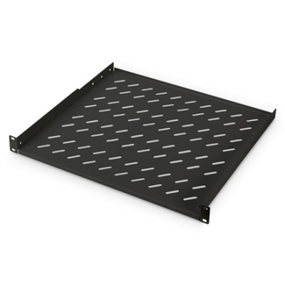 Digitus | 1U Fixed Shelf for Racks | DN-19 TRAY-1-400-SW | Black | The shelves for fixed mounting can be installed easy on the two front 483 mm (19“) profile rails of your 483 mm (19“) network- or server cabinet. Due to their stable, perforated st