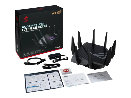 Wi-Fi 6 Tri-Band Gigabit Gaming Router | ROG GT-AXE11000 Rapture | 802.11ax | 1148+4804+4804 Mbit / s | 10 / 100 / 1000 / 2500 Mbit / s | Ethernet LAN (RJ-45) ports 5 | Mesh Support Yes | MU-MiMO Yes | No mobile broadband | Antenna type 
