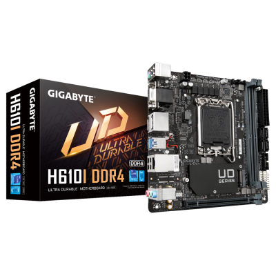 Gigabyte | H610I DDR4 1.0 M / B | Processor family Intel | Processor socket LGA1700 | DDR4 DIMM | Memory slots 2 | Supported hard disk drive interfaces SATA, M.2 | Number of SATA connectors 4 | Chipset Intel H610 Express | Mini-ITX