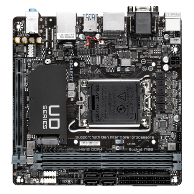 Gigabyte | H610I DDR4 1.0 M / B | Processor family Intel | Processor socket LGA1700 | DDR4 DIMM | Memory slots 2 | Supported hard disk drive interfaces SATA, M.2 | Number of SATA connectors 4 | Chipset Intel H610 Express | Mini-ITX