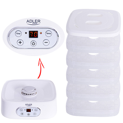 Adler | Food Dehydrator | AD 6658 | Power 230 W | Number of trays 5 | Temperature control | Integrated timer | White