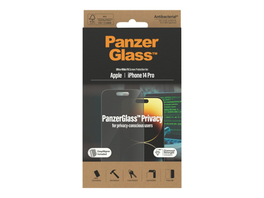 PanzerGlass | Screen protector | Apple | iPhone 14 Pro | Glass | Black | Ultra-Wide Fit; Easy installation; Privacy Filter; Fingerprint resistant | Privacy