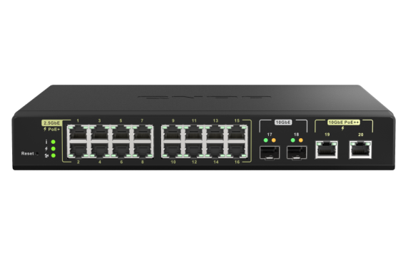 QNAP | 16 ports 2.5GbE RJ45 with PoE 802.3at (30W), 2 ports 10GbE SFP+, 2 ports 10GbE RJ45 with PoE 802.3bt (90W) | QSW-M2116P-2T2S | Web managed | Rackmountable | Power supply type Internal