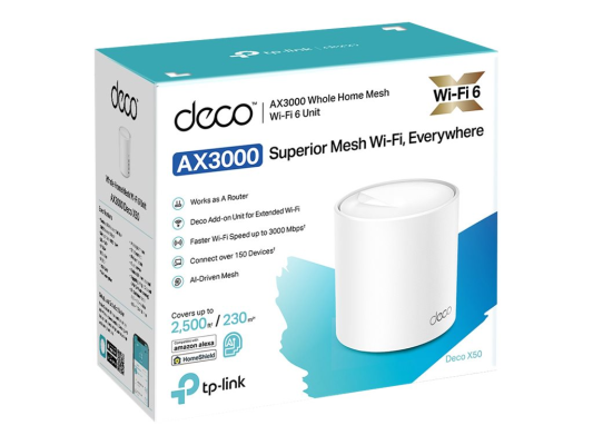 AX3000 Whole Home Mesh WiFi 6 Unit | Deco X50 (1-pack) | 802.11ax | 574+2402 Mbit / s | Ethernet LAN (RJ-45) ports 3 | Mesh Support Yes | MU-MiMO Yes | No mobile broadband | Antenna type Internal