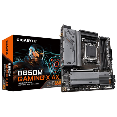 Gigabyte | B650M GAMING X AX 1.1 M / B | Processor family AMD | Processor socket AM5 | DDR5 DIMM | Memory slots 4 | Supported hard disk drive interfaces SATA, M.2 | Number of SATA connectors 4 | Chipset B650 | Micro ATX