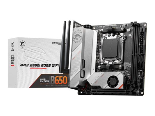 MSI | MPG B650I EDGE WIFI | Processor family AMD | Processor socket AM5 | DDR5 DIMM | Memory slots 2 | Supported hard disk drive interfaces SATA, M.2 | Number of SATA connectors 4 | Chipset AMD B650 | Mini-ITX