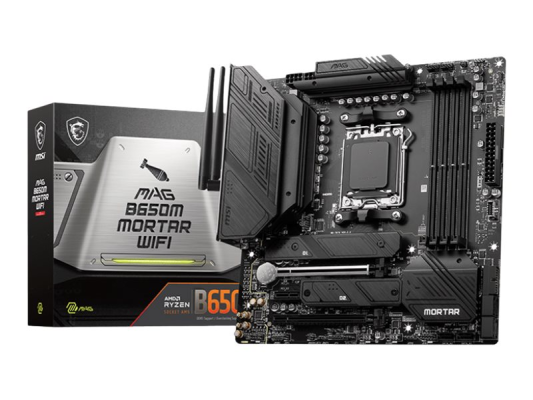 MSI | MAG B650M MORTAR WIFI | Processor family AMD | Processor socket AM5 | DDR5 DIMM | Memory slots 4 | Supported hard disk drive interfaces SATA, M.2 | Number of SATA connectors 6 | Chipset AMD B650 | mATX