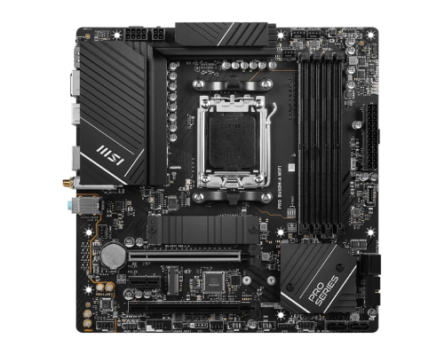 MSI | PRO B650M-A WIFI | Processor family AMD | Processor socket AM5 | DDR5 DIMM | Memory slots 4 | Supported hard disk drive interfaces SATA, M.2 | Number of SATA connectors 4 | Chipset AMD B650 | mATX