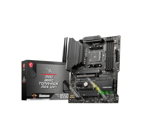 MSI | MAG B550 TOMAHAWK MAX WIFI | Processor family AMD | Processor socket AM4 | DDR4 DIMM | Memory slots 4 | Supported hard disk drive interfaces SATA, M.2 | Number of SATA connectors 6 | Chipset AMD B550 | ATX