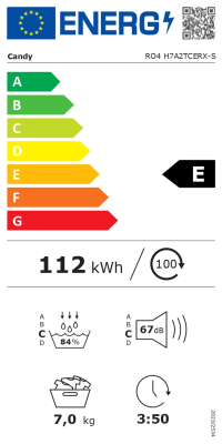 Candy | Dryer Machine | RO4 H7A2TCERX-S | Energy efficiency class E | Front loading | 7 kg | TFT | Depth 46.5 cm | Wi-Fi | Grey