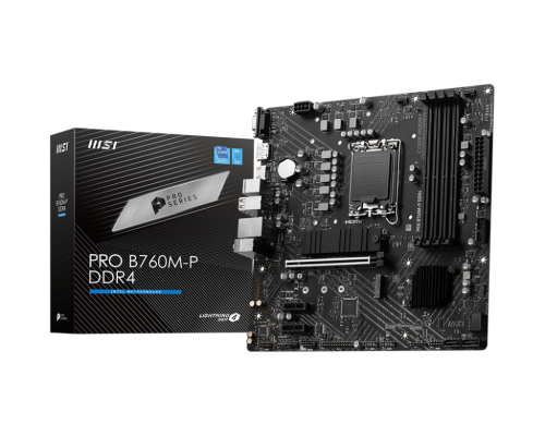 MSI | PRO B760M-P DDR4 | Processor family Intel | Processor socket LGA1700 | DDR4 DIMM | Memory slots 4 | Supported hard disk drive interfaces SATA, M.2 | Number of SATA connectors 4 | Chipset Intel B760 | mATX