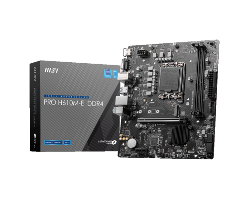 MSI | PRO H610M-E DDR4 | Processor family Intel | Processor socket LGA1700 | DDR4 DIMM | Memory slots 2 | Supported hard disk drive interfaces SATA, M.2 | Number of SATA connectors 4 | Chipset Intel H610 | Mirco-ATX