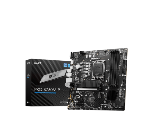 MSI | PRO B760M-P | Processor family Intel | Processor socket LGA1700 | DDR5 DIMM | Memory slots 4 | Supported hard disk drive interfaces SATA, M.2 | Number of SATA connectors 4 | Chipset Intel B760 | mATX
