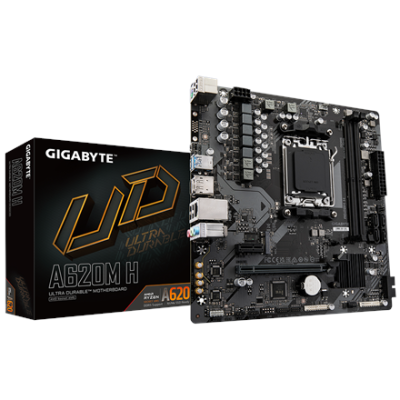 Gigabyte | A620M H 1.0 M / B | Processor family AMD | Processor socket AM5 | DDR5 DIMM | Memory slots 2 | Supported hard disk drive interfaces SATA, M.2 | Number of SATA connectors 4 | Chipset AMD A620 | Micro ATX
