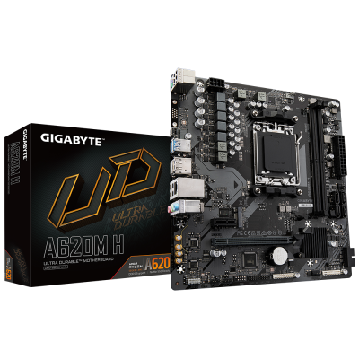 Gigabyte | A620M H 1.0 M / B | Processor family AMD | Processor socket AM5 | DDR5 DIMM | Memory slots 2 | Supported hard disk drive interfaces SATA, M.2 | Number of SATA connectors 4 | Chipset AMD A620 | Micro ATX