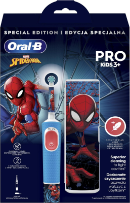 Oral-B | Electric Toothbrush with Travel Case | Vitality PRO Kids Spiderman | Rechargeable | For children | Number of brush heads included 1 | Number of teeth brushing modes 2 | Blue
