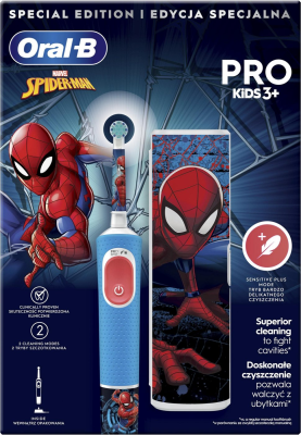Oral-B | Electric Toothbrush with Travel Case | Vitality PRO Kids Spiderman | Rechargeable | For children | Number of brush heads included 1 | Number of teeth brushing modes 2 | Blue