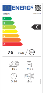 Dishwasher | GV673C62 | Built-in | Width 59.8 cm | Number of place settings 16 | Number of programs 7 | Energy efficiency class C | AquaStop function | Does not apply