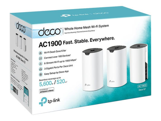 AC1900 Whole Home Mesh Wi-Fi System | Deco S7 (3-pack) | 802.11ac | 10 / 100 / 1000 Mbit / s | Ethernet LAN (RJ-45) ports 1 | Mesh Support Yes | MU-MiMO Yes | No mobile broadband | Antenna type Internal