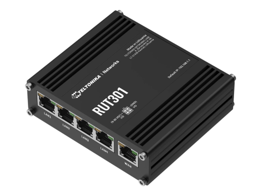 Ethernet Router | RUT301 | No Wi-Fi | 10 / 100 Mbit / s | Ethernet LAN (RJ-45) ports 5 | Mesh Support No | MU-MiMO No | No mobile broadband