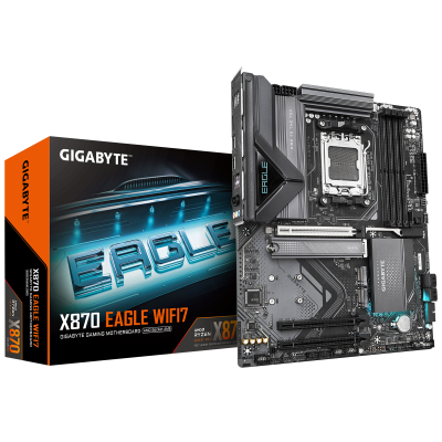 Gigabyte X870 EAGLE WIFI7 | Processor family AMD | Processor socket AM5 | DDR5 DIMM | Supported hard disk drive interfaces SATA, M.2 | Number of SATA connectors 4