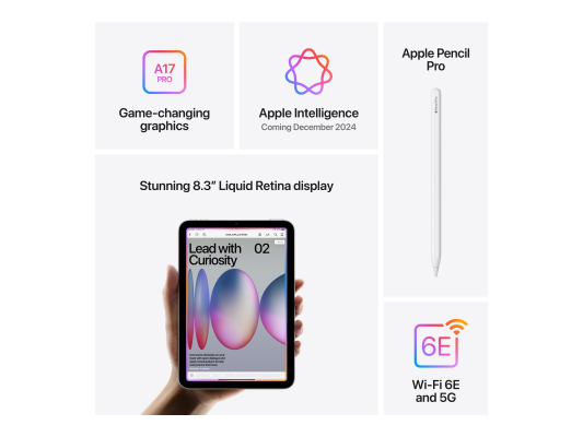 Apple | iPad mini Wi-Fi + Cellular | 8.3 " | Purple | IPS | 2266 x 1488 pixels | Apple A17 Pro | 512 GB | 3G | 4G | 5G | Wi-Fi | Front camera | 12 MP | Rear camera | 12 MP | Bluetooth | 5.3 | iPadOS | USB-C charging c