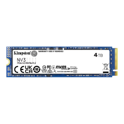 Kingston SSD | NV3 | 4000 GB | SSD form factor M.2 2280 | Solid-state drive interface PCIe 4.0 x4 NVMe | Read speed 6000 MB / s | Write speed 5000 MB / s