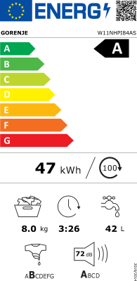 Gorenje | Washing Machine | W11NHPI84AS | Energy efficiency class A | Front loading | Washing capacity 8 kg | 1400 RPM | Depth 54 cm | Width 60 cm | Display | LED | Steam function | White