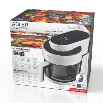 Adler Air Fryer Oven with Glass Bowl | AD 6316 | Power 1200 W | Capacity 3 L | Convection | White / Black