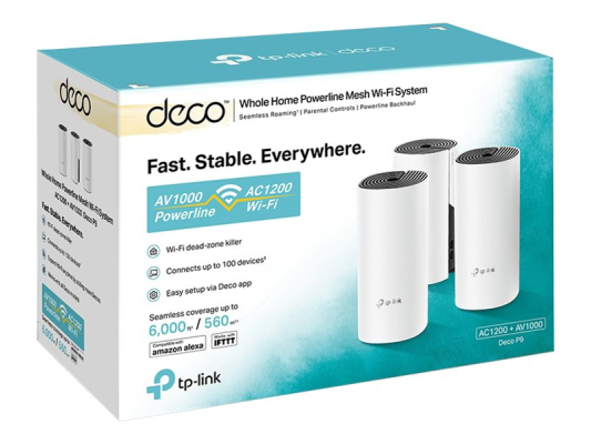 TP-LINK AC1200 Whole Home Hybrid Mesh Wi-Fi System | Deco P9 (3-pack) | 802.11be | 867 Mbit / s | Ethernet LAN (RJ-45) ports 1 | Mesh Support Yes | MU-MiMO Yes | No mobile broadband