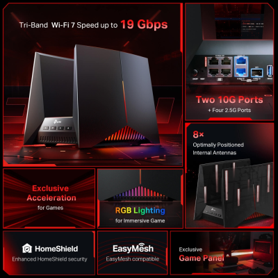 TP-LINK BE19000 Tri Band Wi-Fi 7 Gaming Router | Archer GE800 | 802.11be | 1376 Mbit / s | Ethernet LAN (RJ-45) ports 1 | Mesh Support No | MU-MiMO No | No mobile broadband