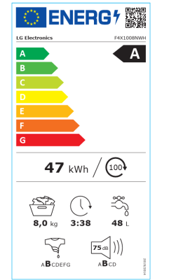 LG Washing Machine | F4X1008NWH | Energy efficiency class A | Front loading | Washing capacity 8 kg | 1400 RPM | Depth 56 cm | Width 60 cm | Display | LCD | Steam function | Direct drive | Wi-Fi | White