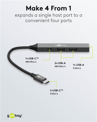 Goobay Slim 4-Port USB Hub, USB-C to USB-C / USB-A, 5 Gbit / s | 74459