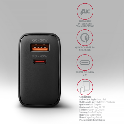 AXAGON GaN wallcharger 2x port (USB-A + USB-C), PD3.0 / PPS / QC4+ / SFC2.0 / AFC / SCP / FCP / Apple, 45W | ACU-PQ45