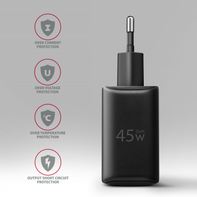 AXAGON GaN wallcharger 2x port (USB-A + USB-C), PD3.0 / PPS / QC4+ / SFC2.0 / AFC / SCP / FCP / Apple, 45W | ACU-PQ45