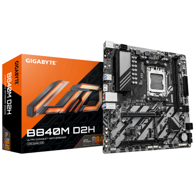 Gigabyte B840M D2H | Processor family AMD | Processor socket AM5 | DDR5 | Supported hard disk drive interfaces SATA, M.2 | Number of SATA connectors 4