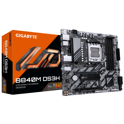 Gigabyte B840M DS3H | Processor family AMD | Processor socket AM5 | DDR5 | Supported hard disk drive interfaces SATA, M.2 | Number of SATA connectors 4