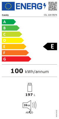 Candy | Refrigerator | CIL 220 EE / N | Energy efficiency class E | Built-in | Larder | Height 122.1 cm | Fridge net capacity 197 L | 39 dB | White