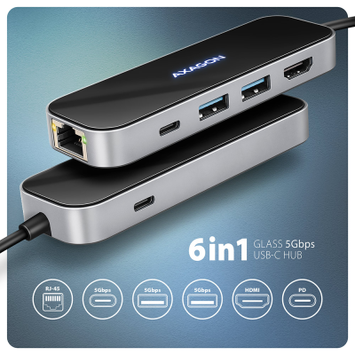 AXAGON USB-C 5Gbps GLASS 6in1 Hub | HMC-6GLN