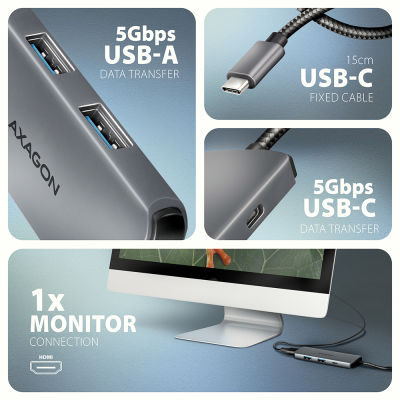 AXAGON USB 5Gbps hub, 3x USB-A, HDMI 4k / 30Hz, PD 100W, 100cm USB-C cable | HMC-5H