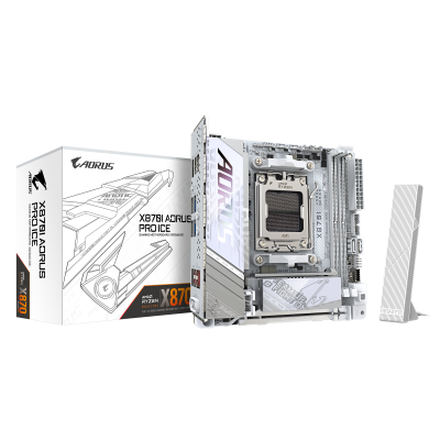 Gigabyte X870I AORUS PRO ICE | Processor family AMD | Processor socket AM5 | DDR5 SDRAM | Supported hard disk drive interfaces M.2, SATA | Number of SATA connectors 2