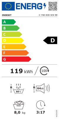 INDESIT Dryer Machine | C YSD 83D WW EE | Energy efficiency class D | Front loading | 8 kg | Heat pump | LED | Depth 54.5 cm | White