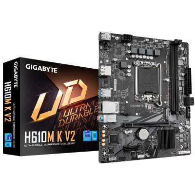 Gigabyte H610M K V2 | Processor family Intel | Processor socket LGA1700 | DDR5 | Supported hard disk drive interfaces M.2, SATA | Number of SATA connectors 2