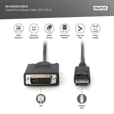 Digitus Adapter Cable, DP - DVI | DisplayPort | 2 m