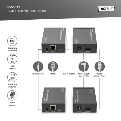 Digitus | HDMI IP Extender Set, Full HD, 120 m | DS-55517