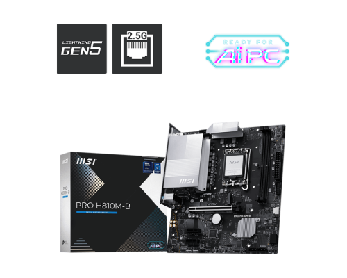 MSI PRO H810M-B | Processor family Intel H810 | Processor socket LGA1851 | DDR5 | Supported hard disk drive interfaces SATA, M.2 | Number of SATA connectors 4