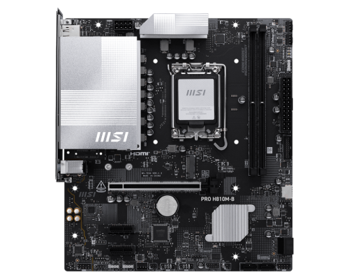 MSI PRO H810M-B | Processor family Intel H810 | Processor socket LGA1851 | DDR5 | Supported hard disk drive interfaces SATA, M.2 | Number of SATA connectors 4