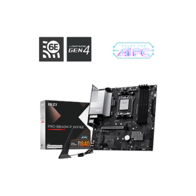 MSI PRO B840M-P WIFI6E | Processor family AMD | Processor socket AM5 | DDR5 | Supported hard disk drive interfaces SATA, M.2 | Number of SATA connectors 4